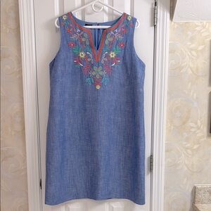 Talbots Multicolor Embroidered Blue Sleeveless Linen and Cotton Dress. EUC